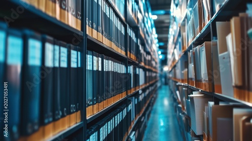 Archive storage room with files, organized shelves, and a long corridor. Possible use Stock photo for business, office, or library projects