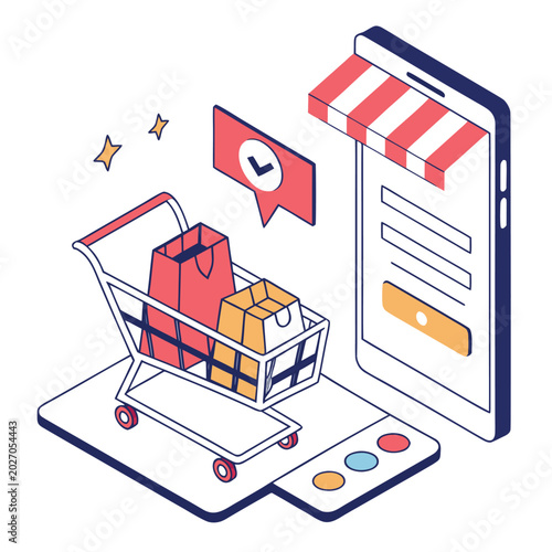 isometric shopping cart and smartphone illustration with store awning and delivery icons