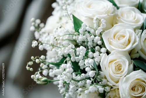 White roses and lily of the valley wedding bouquet