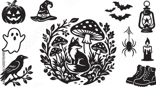 Halloween icons and black cat in mushrooms wreath
