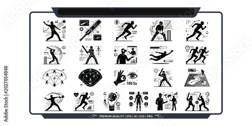 Konstfotografi Baseball and softball training vector icons set featuring batter silhouettes pitching actions field tactics and advanced biometrics telemetry data analytics