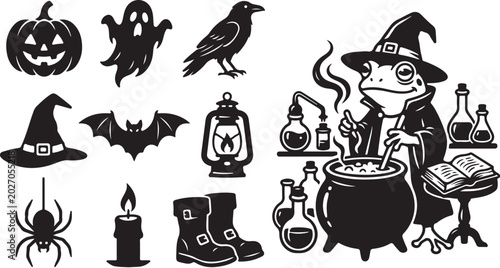 Halloween icons with witch and spooky symbols