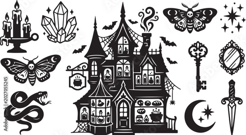 Spooky haunted house with creepy objects and symbols