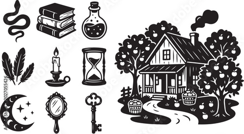Whimsical black and white mystical house illustration set