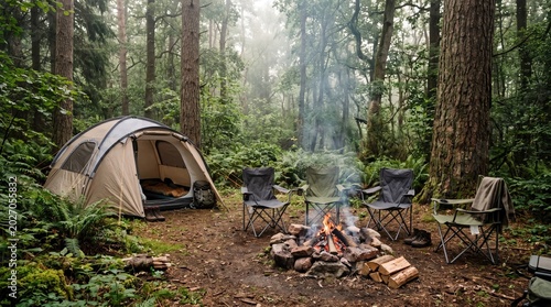 A serene camping scene with a tent, campfire, and chairs in a lush forest.