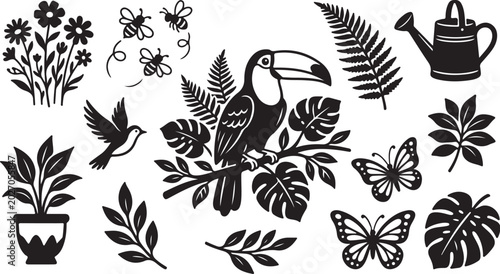 Black and white tropical toucan illustration set