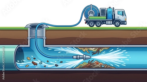 Maintenance severed main sewer pipe hydro jet cleaning concept. A sewer cleaning truck servicing a pipeline, showcasing effective waste removal.