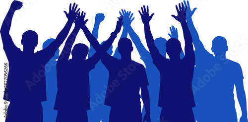 An energetic depiction of a united crowd enthusiastically raising their arms, embodying the spirit of teamwork, shared success, and communal celebration