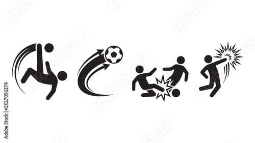 Soccer Football Player Actions and Match Elements Icon Set Black Solid Vector Isolated Icons for Bicycle Kick Slide Tackle Goal