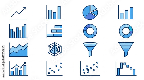 Tableau sur toile Collection of blue data visualization charts and graphs icons.