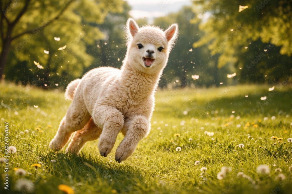 Fototapeta premium Playful alpaca romping on a blustery summer lawn