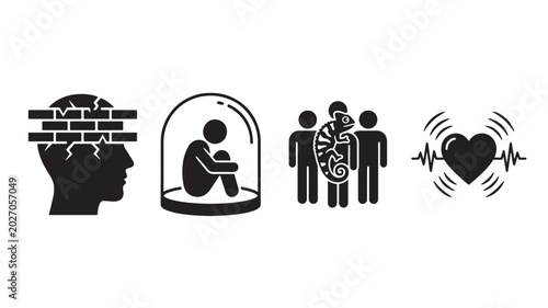 Psychological Defense Mechanisms and Mental Health Concept Icon Set Black Solid Vector Isolated Icons for Psychology Emotional Barrier Isolation Chameleon Heartbeat