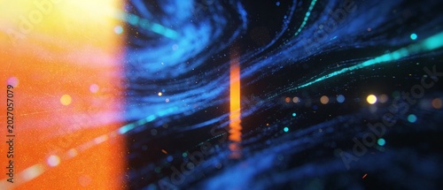 Vibrant orange and blue swirling lights create a mesmerizing abstract scene.