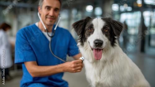 Veterinarian examines dog in clinic animal care veterinary environment professional setting pet health awareness