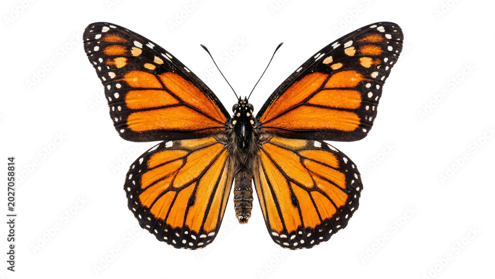 Obraz premium Monarch butterfly isolated on a neutral background with wings spread and detailed orange and black patterns visible, showcasing its delicate features and intricate design