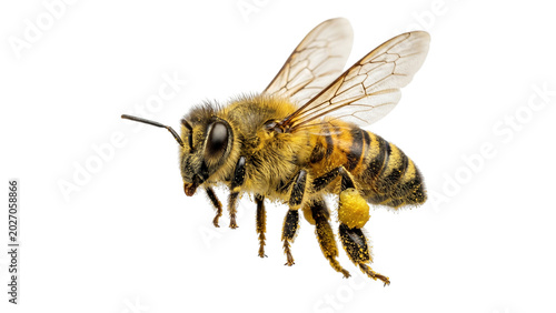 Tableau sur toile Honey bee worker carrying yellow pollen basket on legs macro profile view isolat