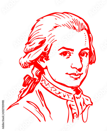 Obraz na płótnie Handdrawn Portraits Red Ink  inspired Wolfgang Amadeus Mozart  Composers Classic