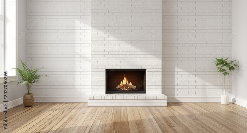 Fototapeta premium Bright living room interior with gas fireplace on white brick wall and copy space