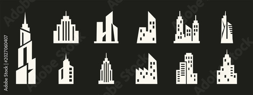 Bild auf Leinwand Minimalist white building and skyscraper icons set on dark background for real e