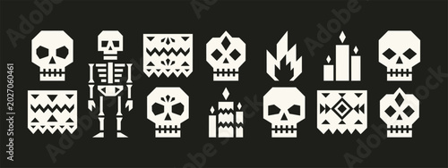 Foto Minimalist Geometric Day of the Dead Icon Set with Skulls Skeleton and Candles