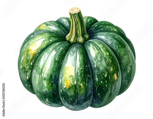 Watercolor illustration of whole green pumpkin squash with ribbed surface and short stem on isolated background