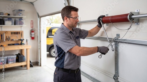 A technician repairing a garage door mechanism in a well-equipped workshop.