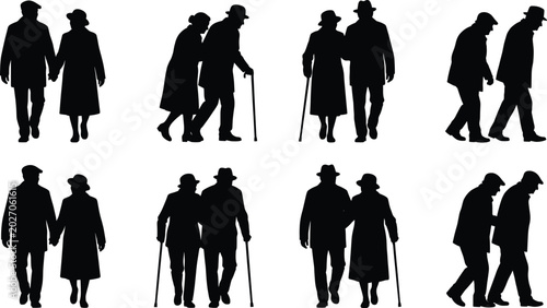 Photos Silhouette collection of senior couples walking together representing aging reti