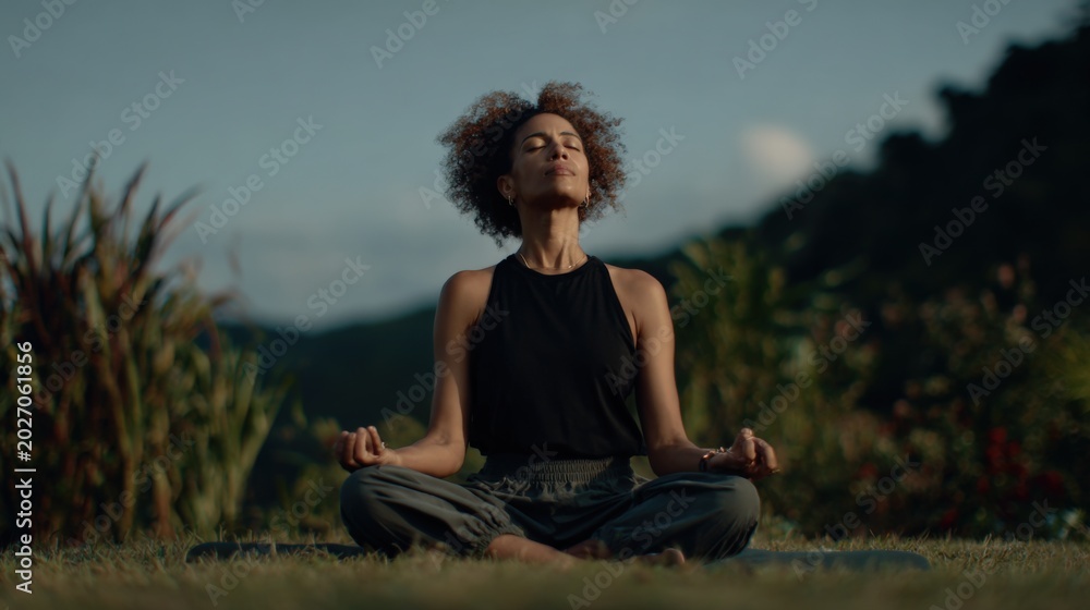 Fototapeta premium Serene woman practicing meditation outdoors with eyes closed in peaceful natural landscape