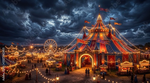 A vibrant carnival scene under dramatic clouds, filled with lights and excitement.