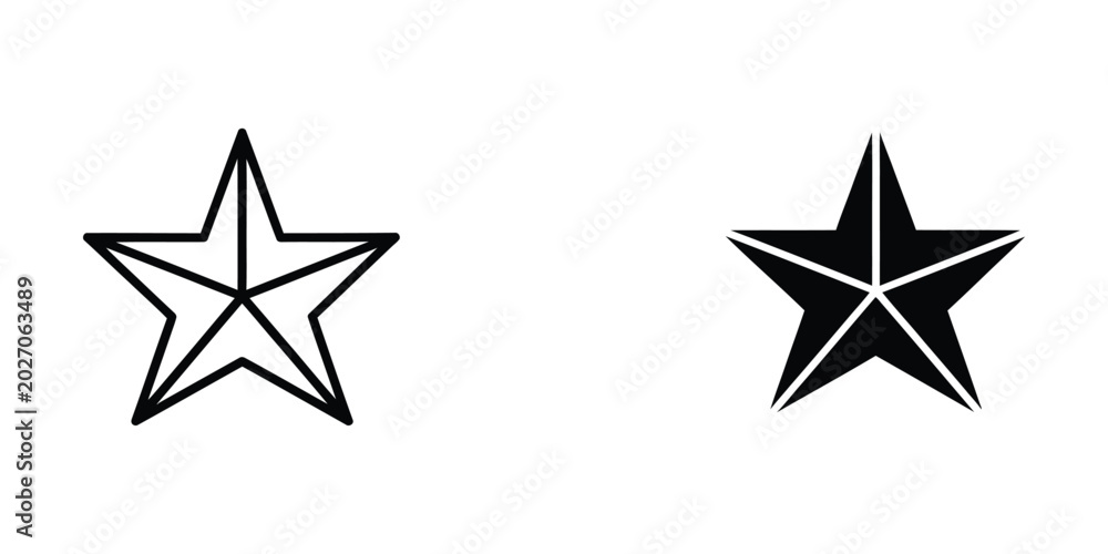 Obraz premium Star vector icon isolated on white. Black and white outline line art and solid glyph silhouette.