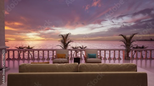 Empty luxury balcony with palm plants and soft sofas overlooks a calm sea at vivid sunset. Perfect for resort, travel, and lifestyle content.