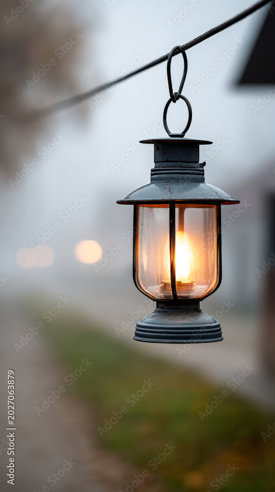 Fototapeta premium Atmospheric scene with an old lantern flickering in foggy ambiance