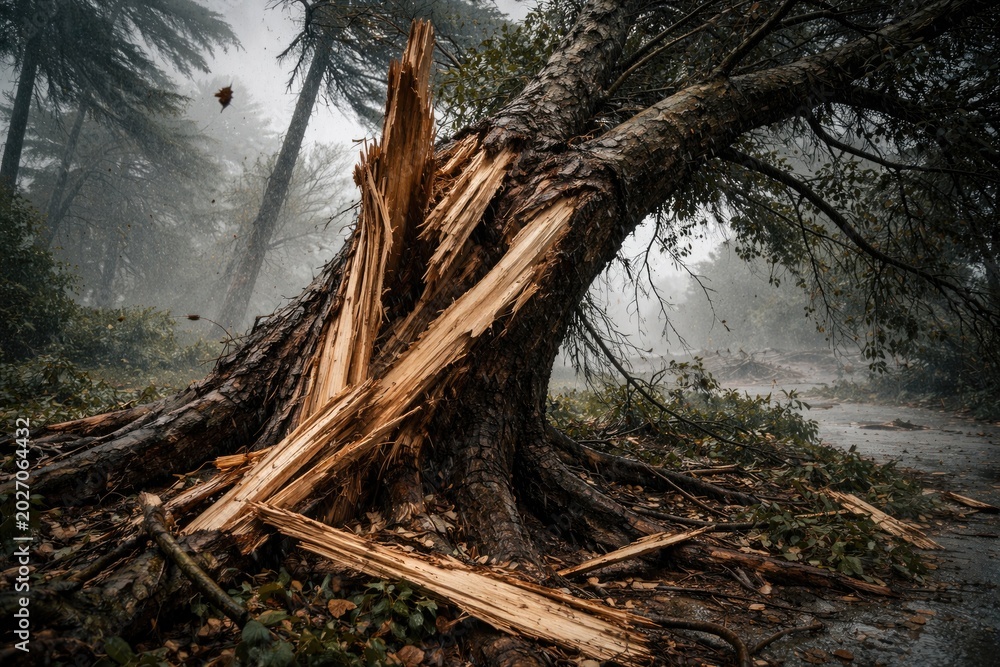 Fototapeta premium Incident of a significant tree damaged by hurricane visible from up close