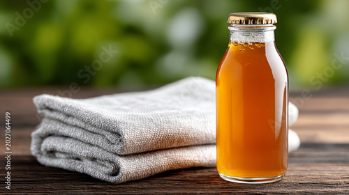 Refreshing kombucha bottle on dark wooden surface with folded cotton cloth for natural beverage concept