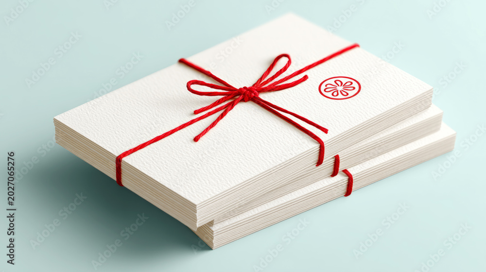 Obraz premium Elegant holiday greeting cards stack with red string for christmas gift packaging and decoration