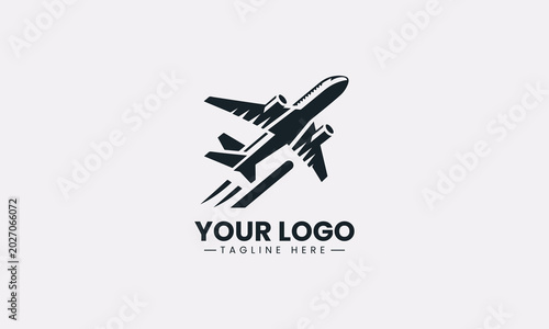 A commercial airplane is illustrated in minimalist black vector logo design
