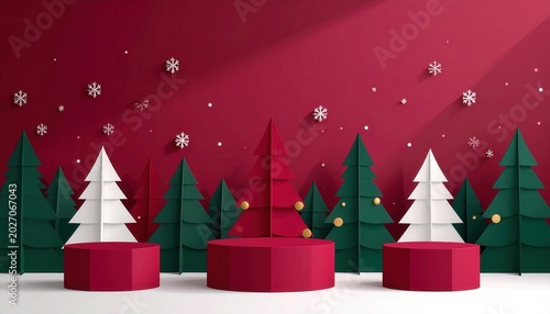 Scena natalizia festiva in stile paper cut con alberi colorati e podi su sfondo rosso