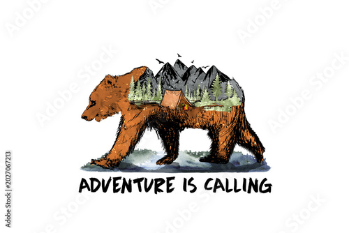 Foto Adventure is Calling Bear with Mountain Double Exposure Sublimation Design