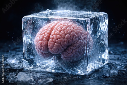 Visual metaphor of brain freeze showing a brain encased in solid ice cube