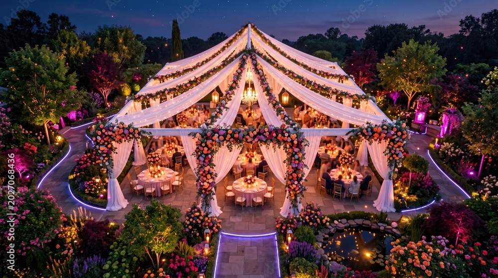 Obraz premium Large white wedding tent on lush green lawn sun shining concept. An elegantly decorated tent surrounded by vibrant flowers for a magical evening.