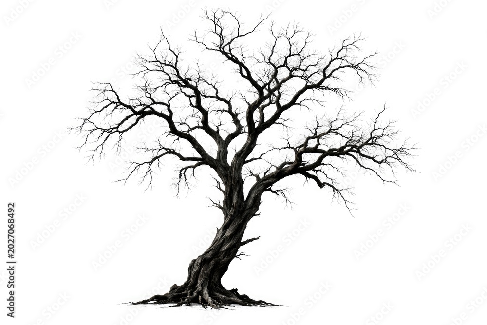 Fototapeta premium Gnarled dead tree silhouette with detailed branches isolated on a pure white background for artistic use