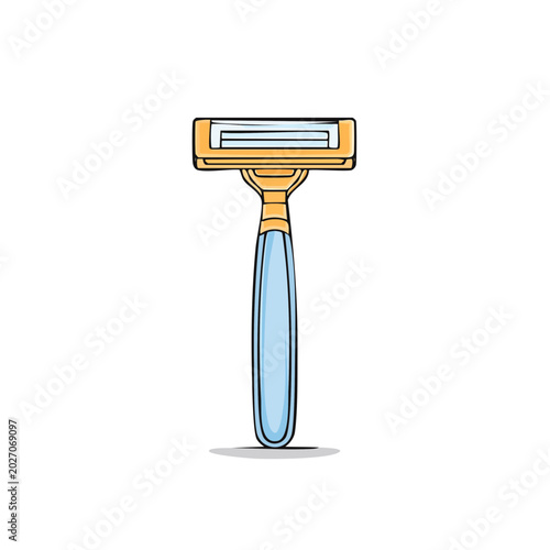 Close-up of a stylish golden razor with a light blue handle for personal grooming and shaving.