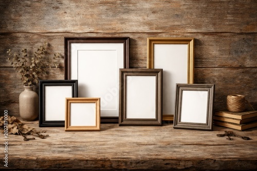 Set of empty photo frames on distressed wood surface with copy space