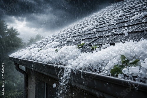 Heavy hail accumulation on roof from storm with blank copy space section