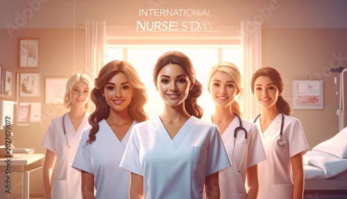 Five smiling female nurses standing together in a hospital room with a sunny window behind them, wearing medical scrubs and stethoscopes, conveying a professional and caring mood.