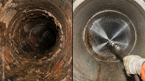 Maintenance severed main sewer pipe hydro jet cleaning concept. Before and after pipe cleaning, showcasing significant transformation and restoration.