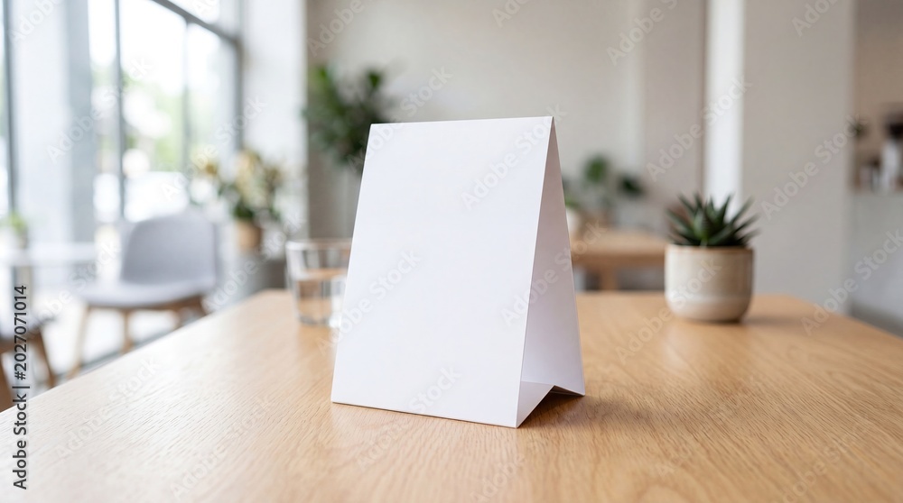 Fototapeta premium Blank table sign on wooden surface in a modern cafe setting