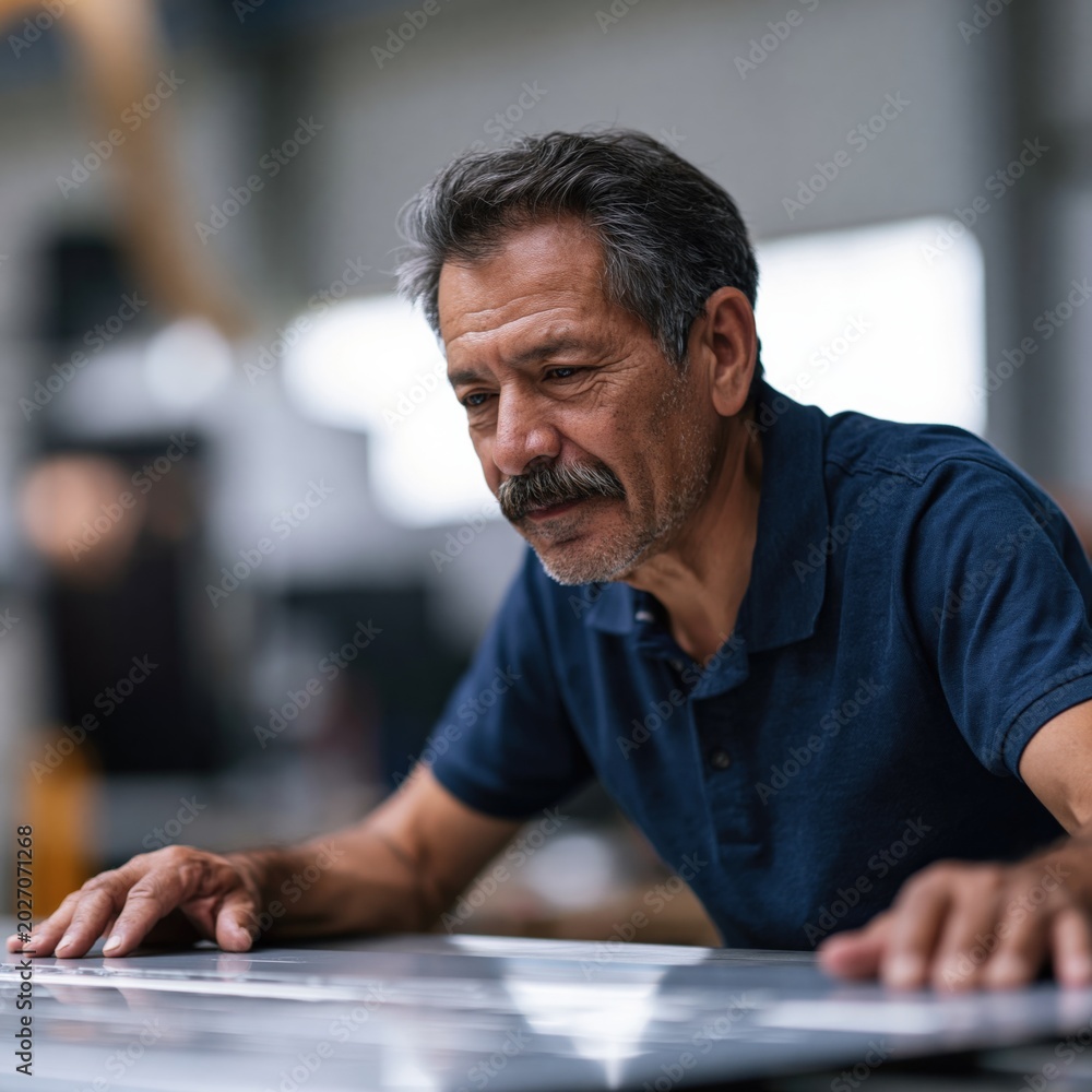 Fototapeta premium Experienced inspector checking large panel surface for quality control in industrial workshop background for manufacturing banner design