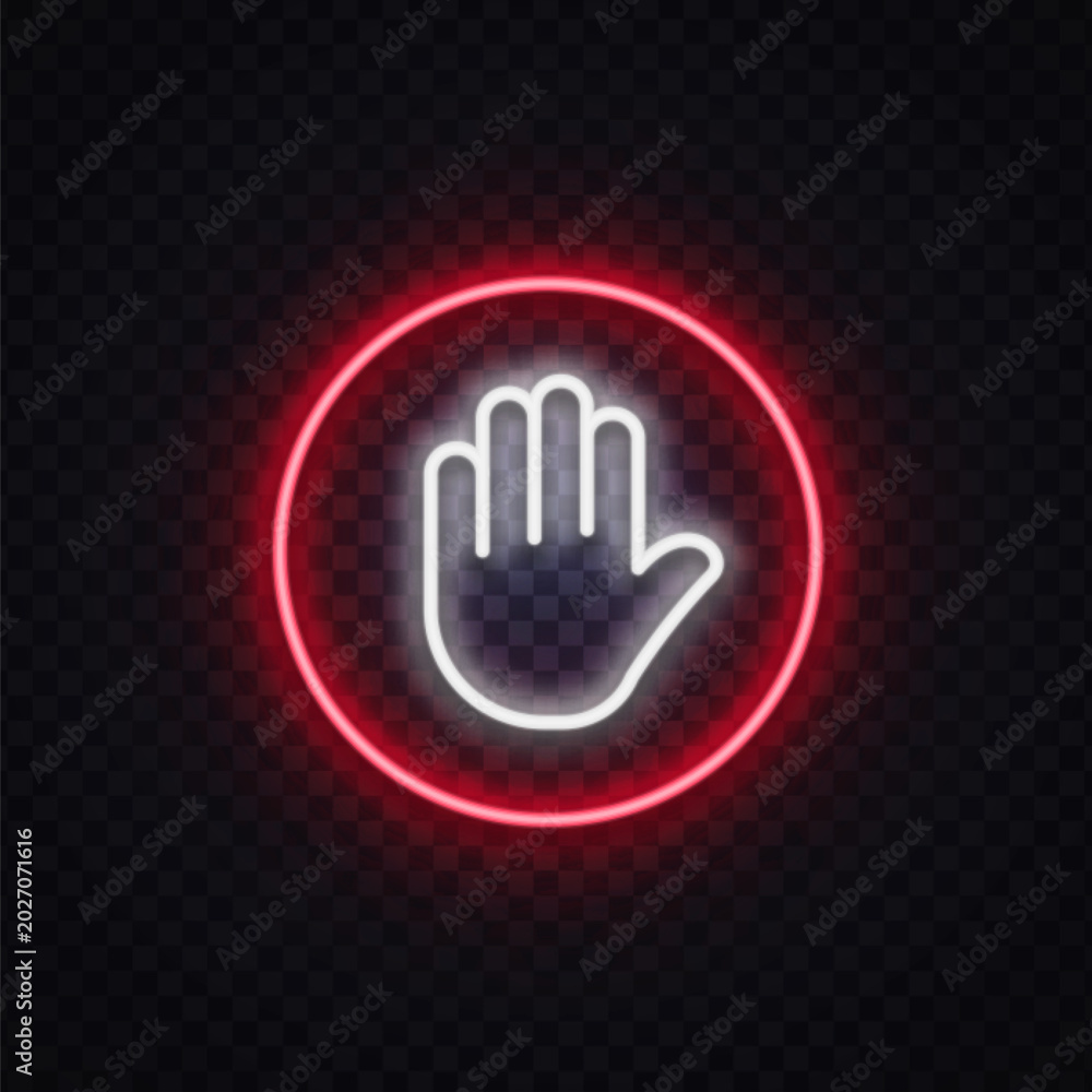 Obraz premium Red neon stop hand icon in glowing circle. Warning and restricted access symbol for prohibition, security, and safety control.