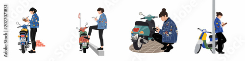 Photos Set of four illustrations featuring a young woman in a denim jacket writing in her notebook next to various vintage scooters